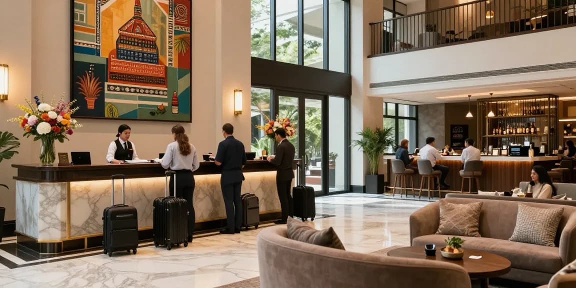rokok88 luxury hotel lobby with guests checking in and friendly staff