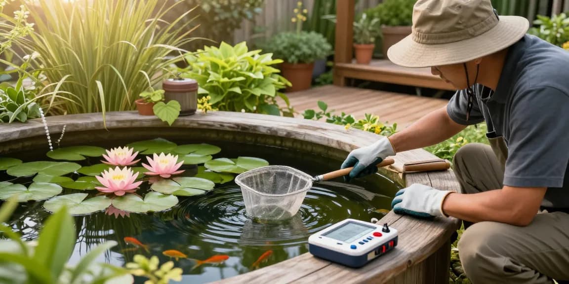 Pond expert near me maintaining a serene backyard pond with water plants and fish.