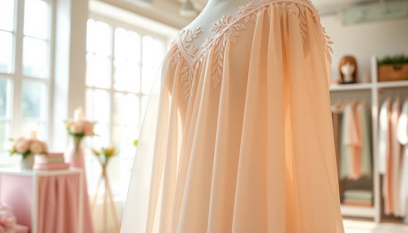 Chiffon jurk prachtig weergegeven in een lichte boetiek met lichte kleuren.