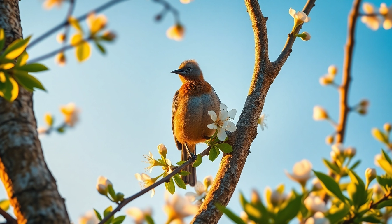 Sora bird perched on a blooming branch in a serene natural setting, showcasing its beauty.