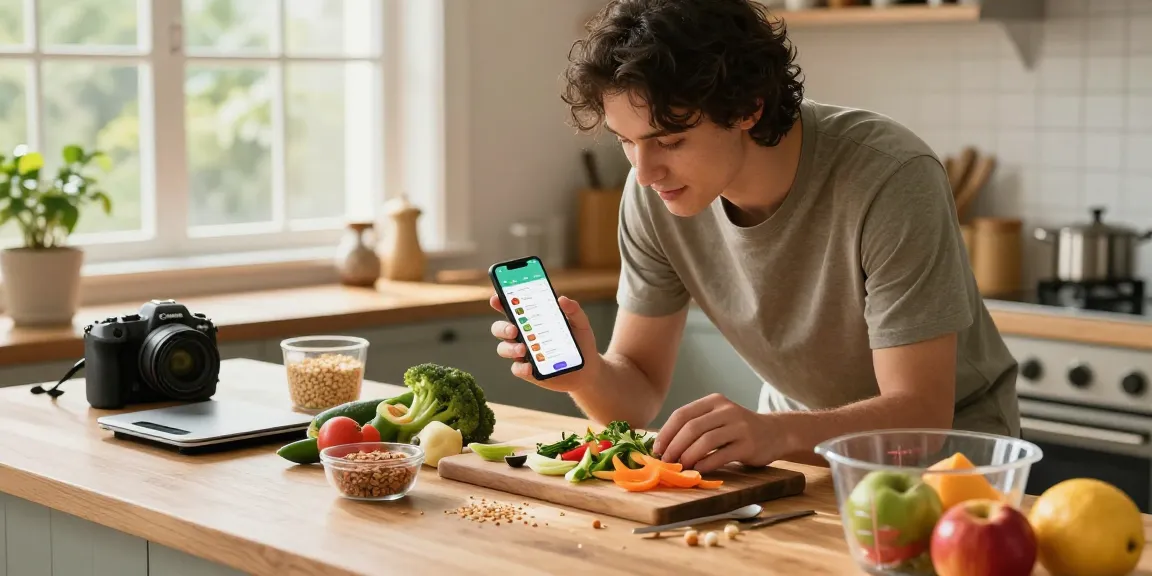 Engaged individual using the best food tracker app while cooking a nutritious meal in a cozy kitchen.