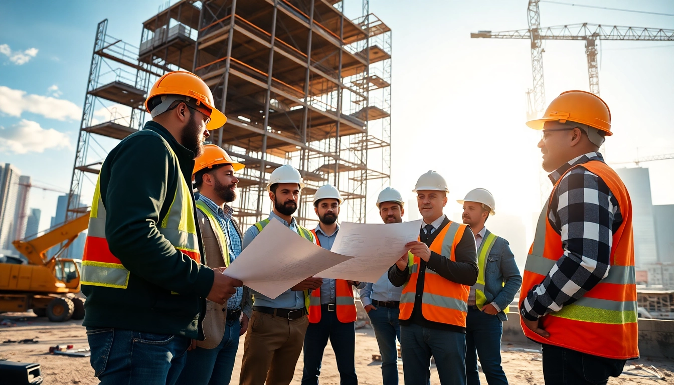 Construction workforce development with diverse workers collaborating at a building site.