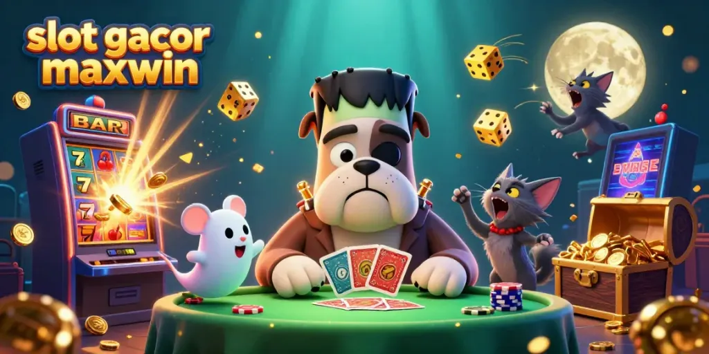 Menangkan jackpot dengan slot gacor maxwin yang menampilkan monster kartun dan mesin slot di latar belakang.