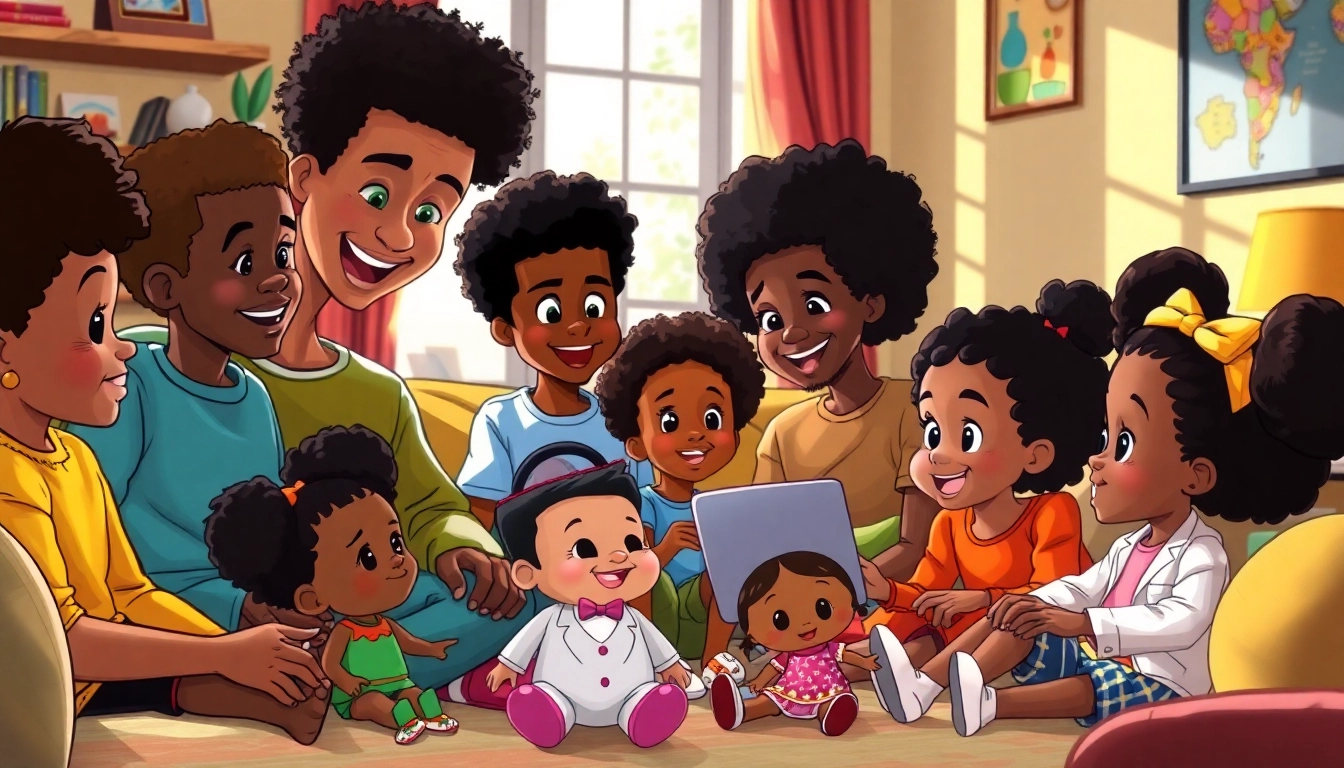 A diverse group of children enjoying African American cartoons in a vibrant living room.