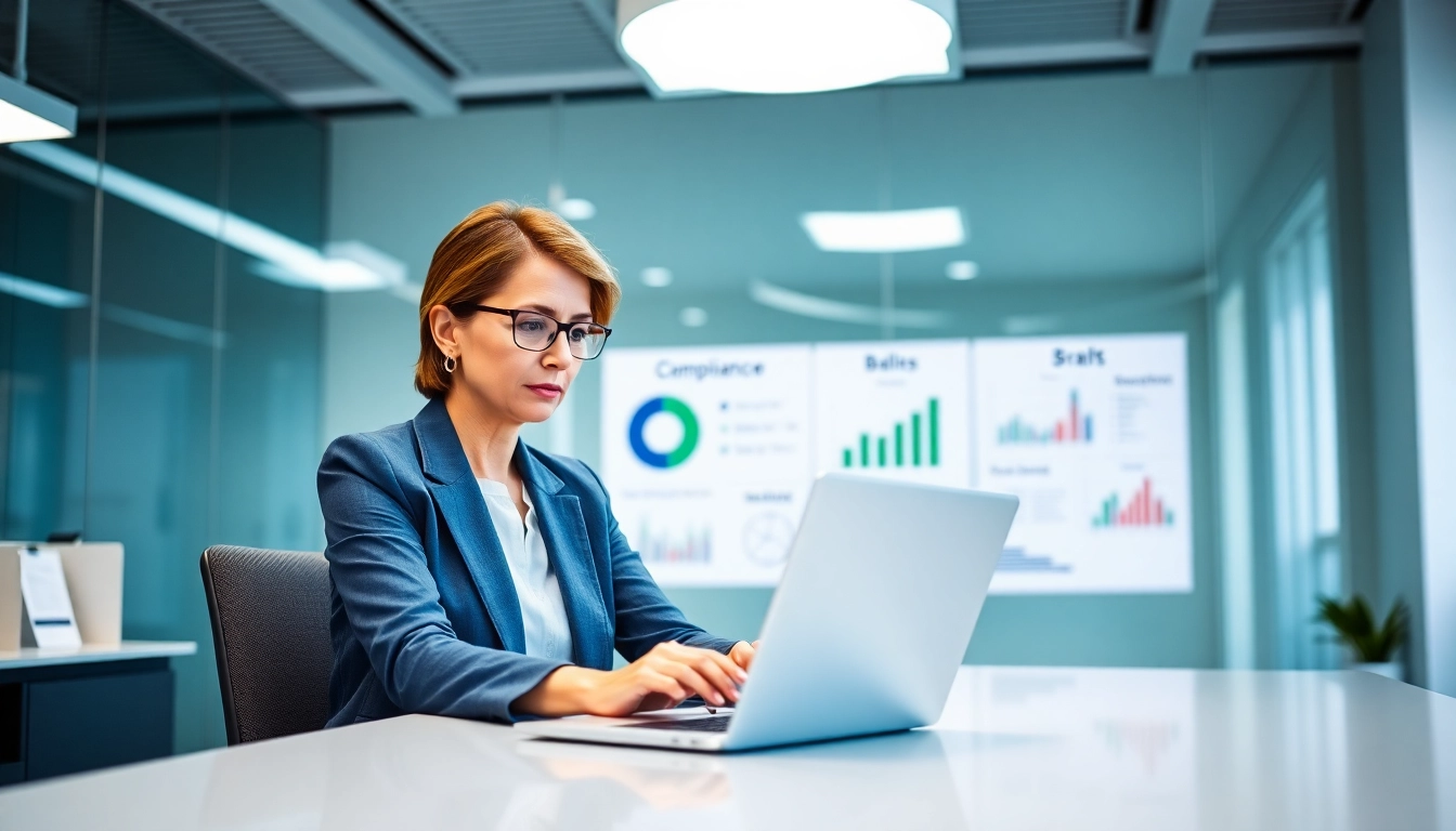 Consultant analyzing grants and pre-post award compliance data in a modern office.