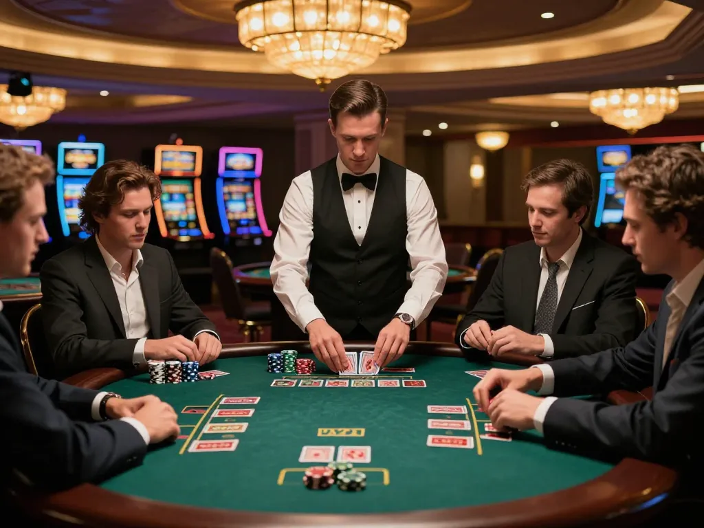 Engaging scene of players at a blackjack table, studying their hands while enjoying the thrill of ดูหนังใหม่ strategies in an upscale casino environment