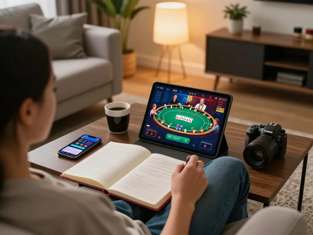 Player enjoying SC88 online gaming on a cozy sofa while strategizing poker gameplay.