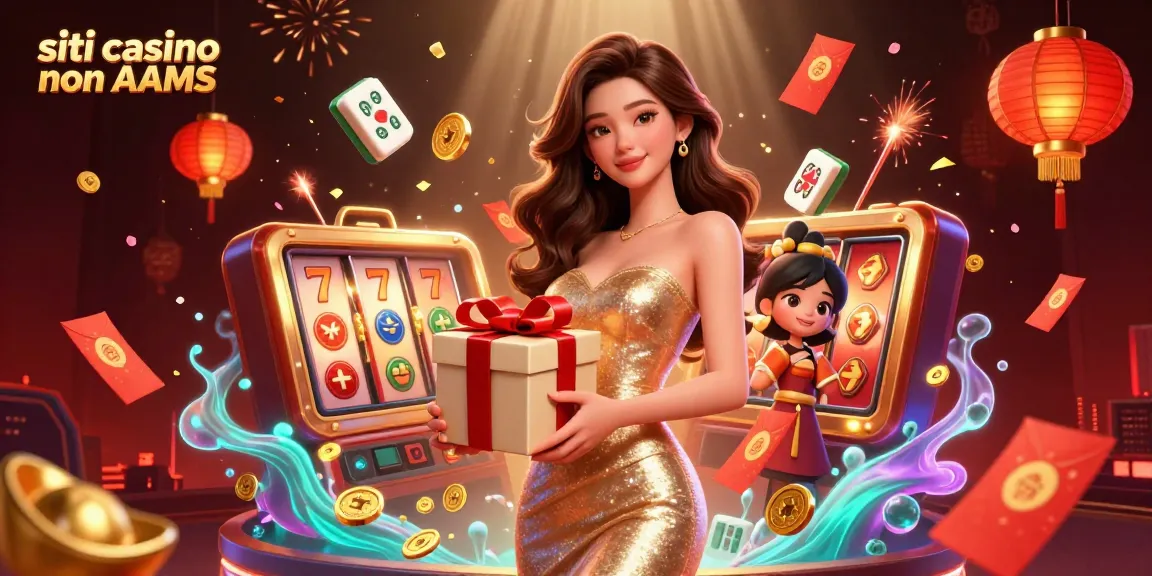 Siti casino non AAMS illustrazione vivace che mostra il tema festivo del Capodanno Lunare con il personaggio principale, slot e monete.