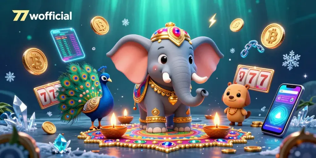 Experience winning opportunities at 77wofficial with vibrant slots and crypto visuals in an engaging casino scene.