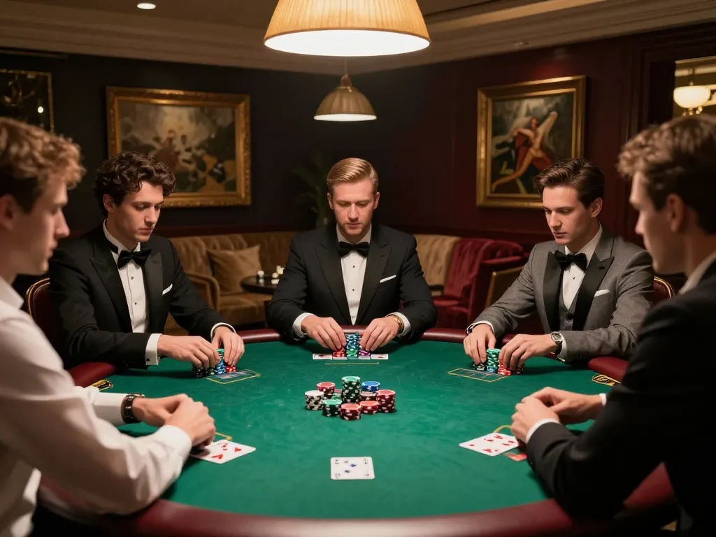 TG 88 poker players strategizing around a green felt table in a luxurious setting.