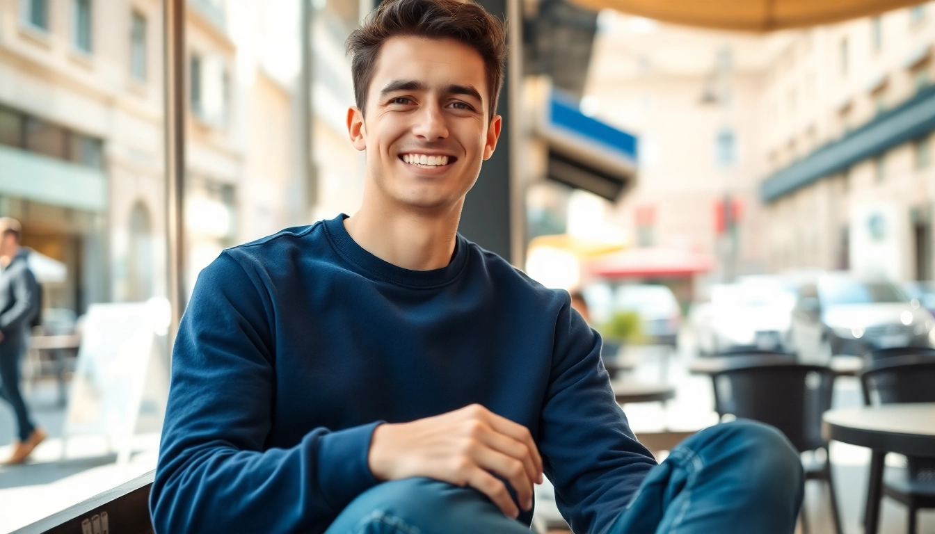 Person in a navy blank crewneck sweatshirt enjoying coffee in a bright cafe.