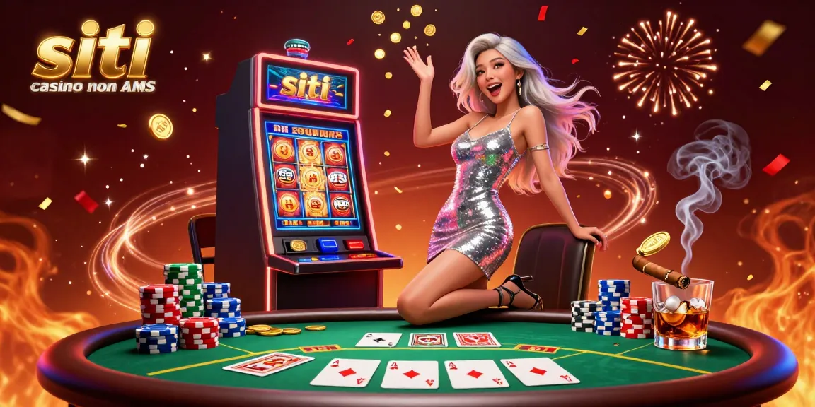 siti casino non AAMS celebra vittorie con una donna straordinaria accanto a una slot machine e dinamici elementi di poker.