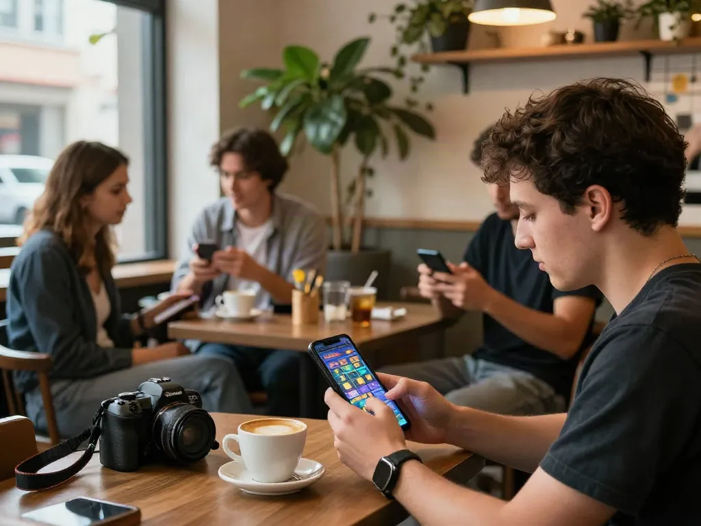 Luxury12 players enjoying fast slot games and coffee in a cozy café.
