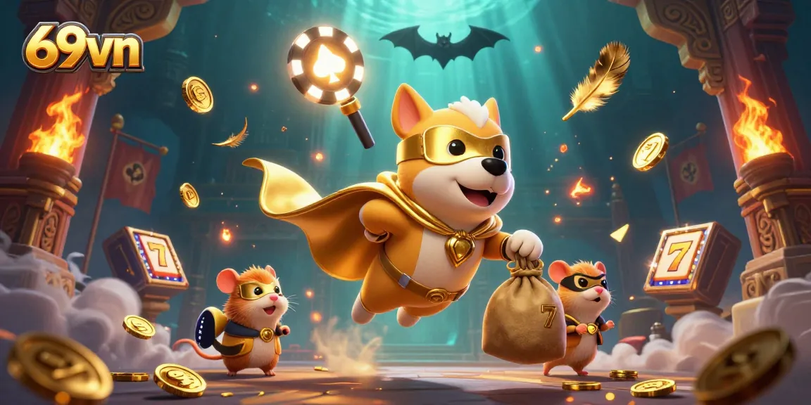 Engage with 69vn's dynamic online slot action featuring a superhero dog and exciting casino elements.