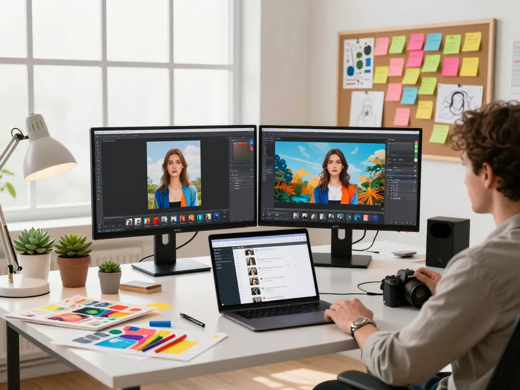 Creative professionals using Nano Banana 2 AI image editor in a vibrant digital art studio with stunning visuals displayed on screens.