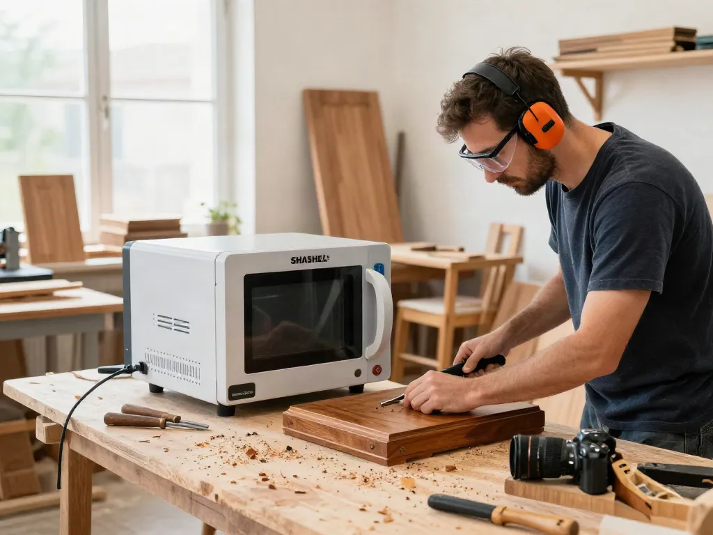 SHASHEL® microwave device effectively treating wood for wood-boring insects in innovative workshop.