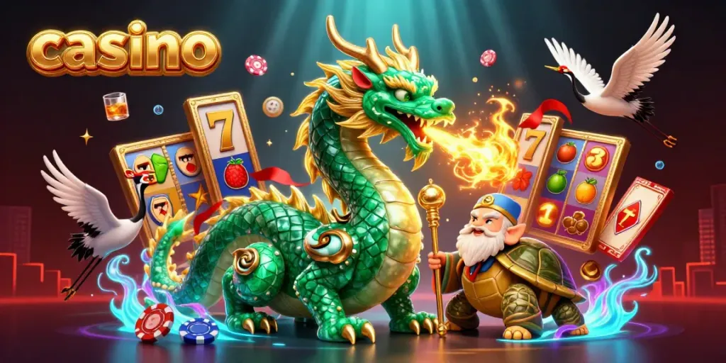 Experience thrilling casino action with a jade dragon, lucky cranes, and vibrant slot elements.