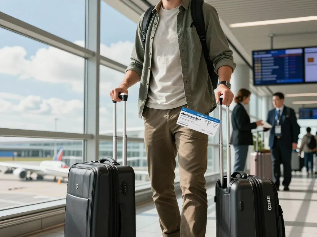 Birmingham Airport from Halifax, traveler ready to board flight at Halifax Stanfield International Airport with boarding pass and suitcase.