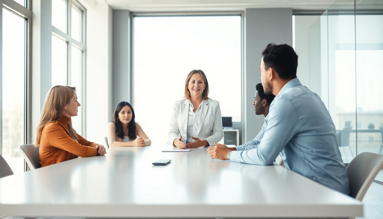Mediation session in a bright office setting with a professional mediator and clients discussing.