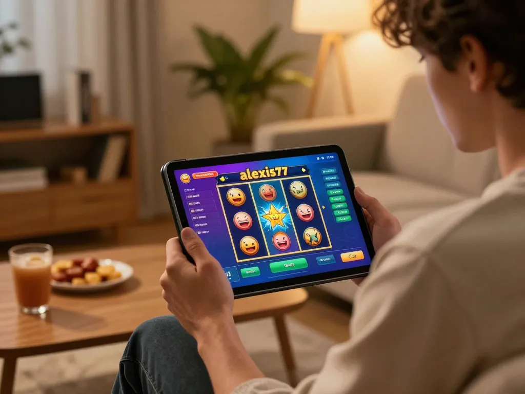 Experience the excitement of alexis77 slot while playing in a cozy home setting with a tablet.
