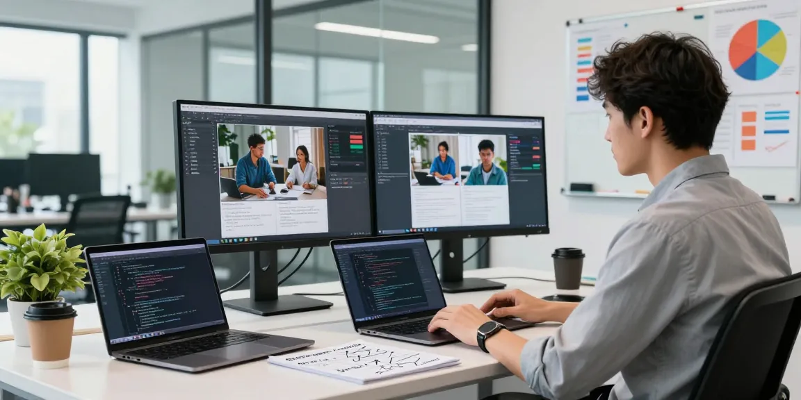 AI image detector interface showcasing free AI image analysis results, modern tech environment with dual monitors.