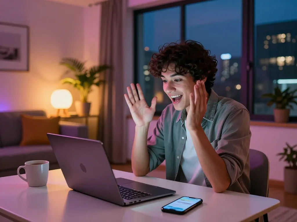 Engaging in a virtual sex chat ai conversation in a vibrant apartment with neon lighting and cozy decor.