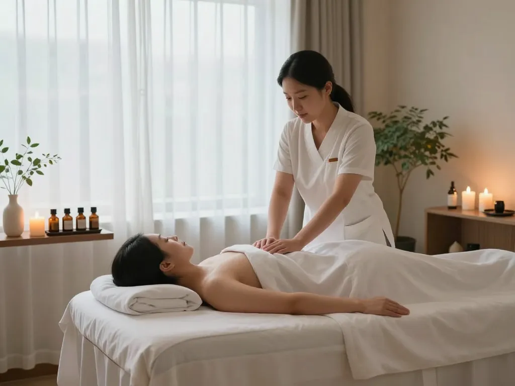 편안한 스파 환경에서 신사동마사지 서비스를 제공하는 전문가의 편안한 장면, 아늑한 조명과 에센셜 오일이 특징입니다.