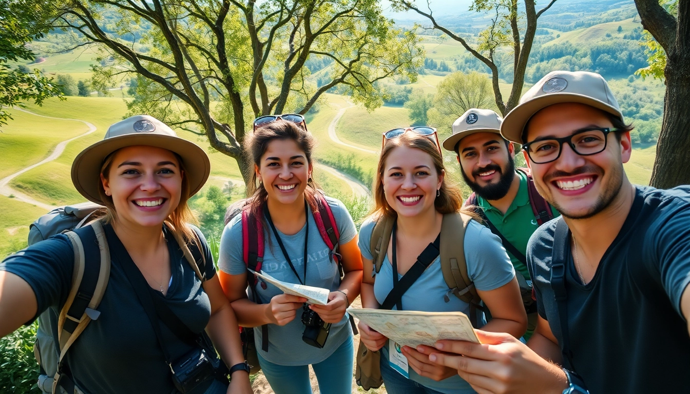 Engaging group enjoying Clarksburg tours in scenic landscape, highlighting adventure and camaraderie.