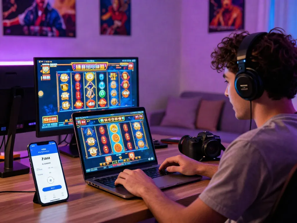Player enjoying slot gacor experience on laptop with DANA e-wallet displayed.
