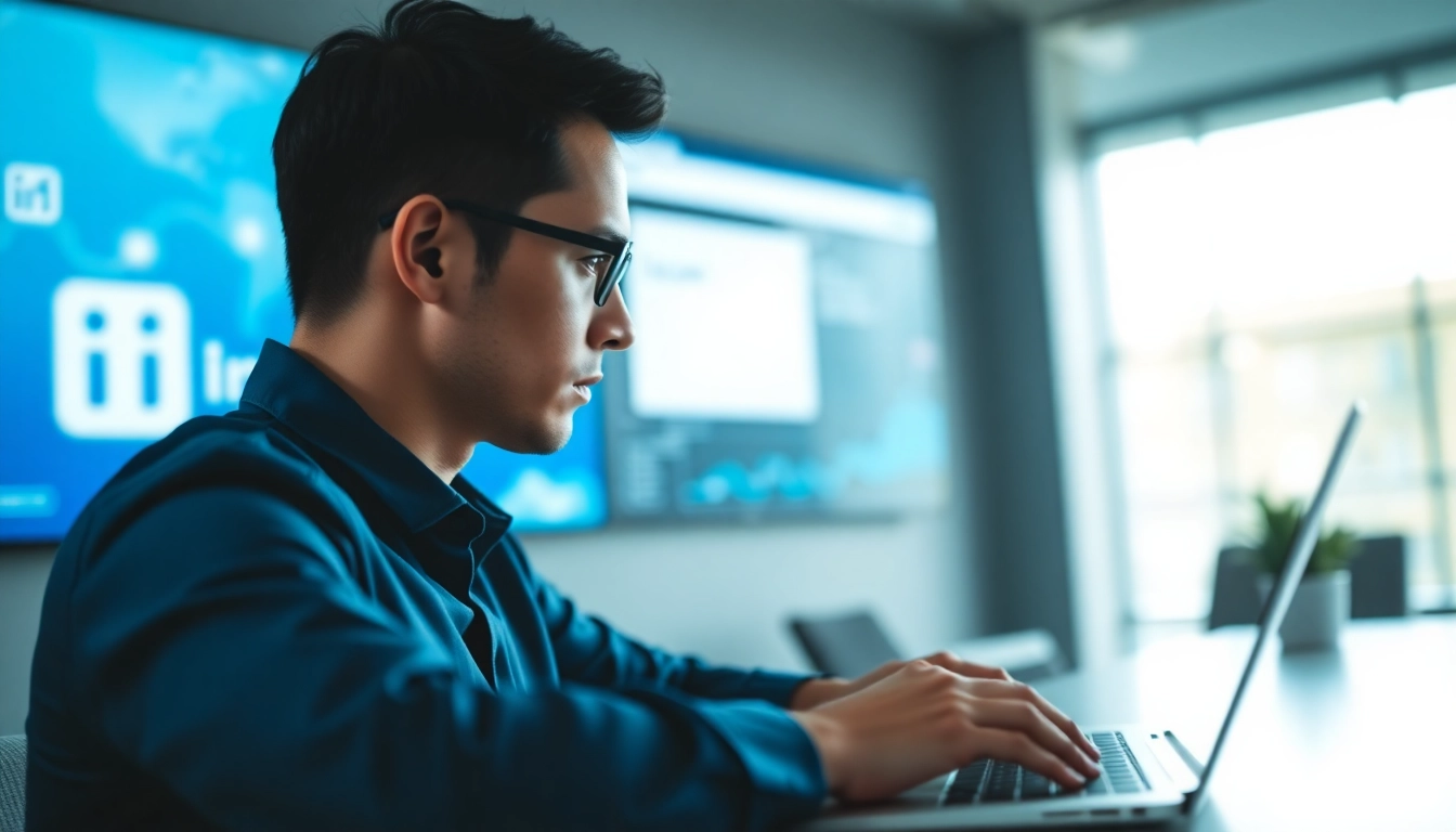 Showcase the linkedin scraping tool interface on a laptop while professional works.