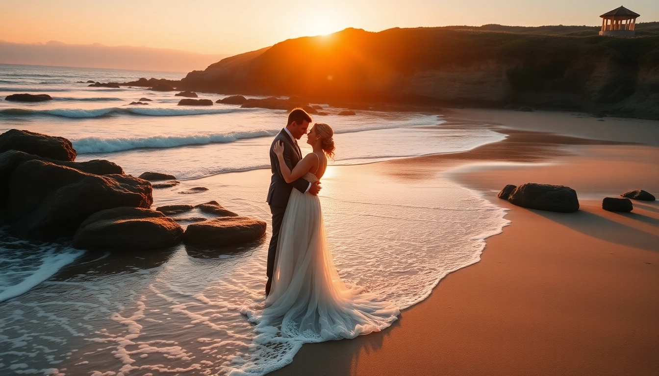 Carmel wedding photography capturing a couple embracing on a beach, with a scenic sunset backdrop.