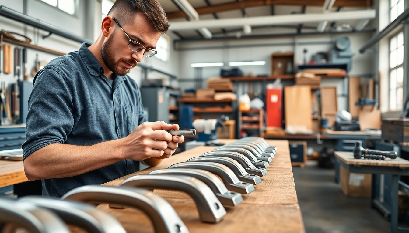 Handle Manufacturer showcasing expert craftsmanship with precision tools in a bright workspace.