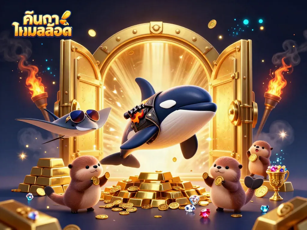 Engaging scene depicting a vibrant cartoon orca whale and stingray, alongside otters with golden coins, promoting ค้นหาเกมสล็อต