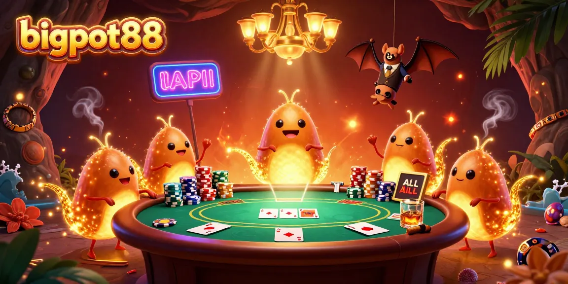 Experience bigpot88 gameplay with glowing glowworms and a unique bat dealer in a vibrant cave casino.