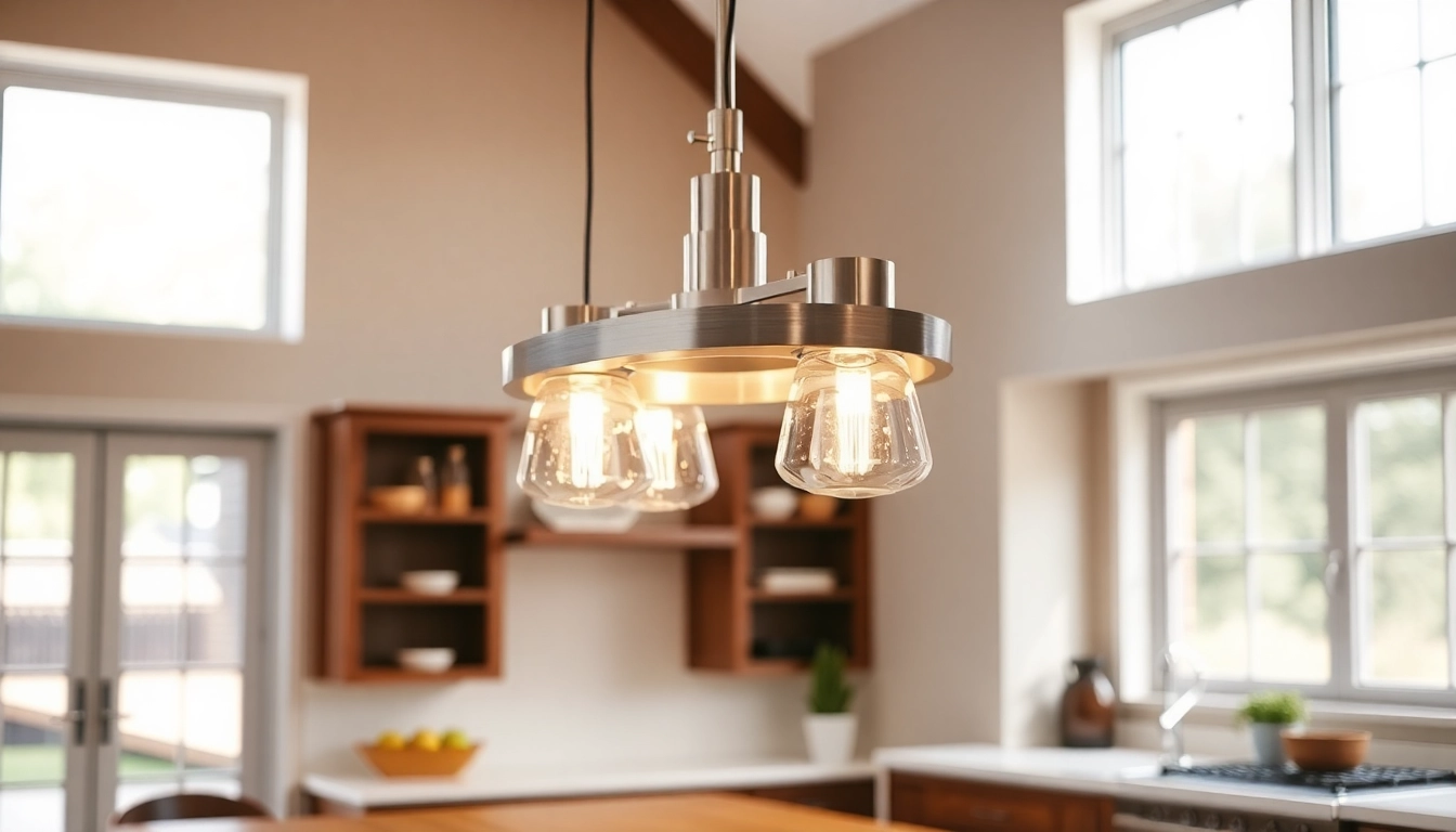 Highlighting an island light fixture over a modern kitchen island with warm tones and elegant finishes.
