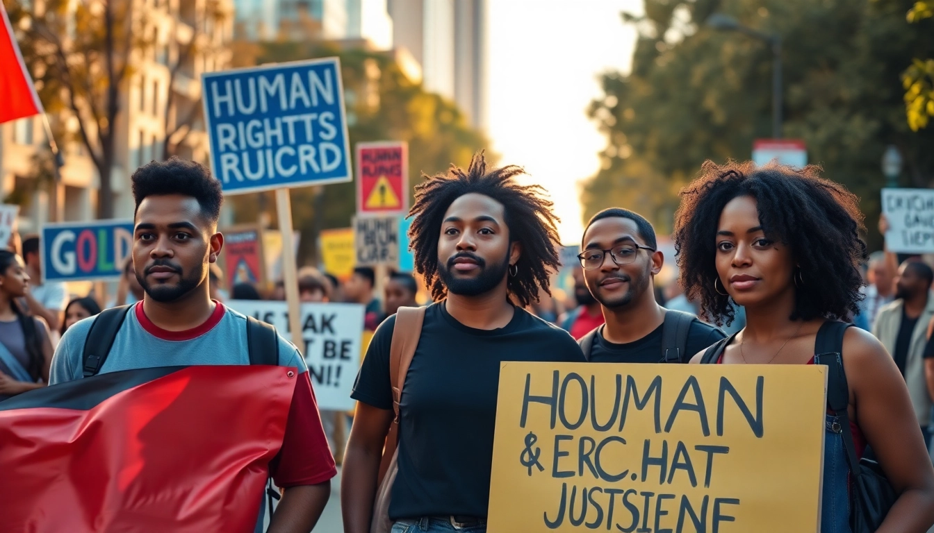 Human Rights activists gathered in solidarity with colorful banners, showcasing unity and determination.