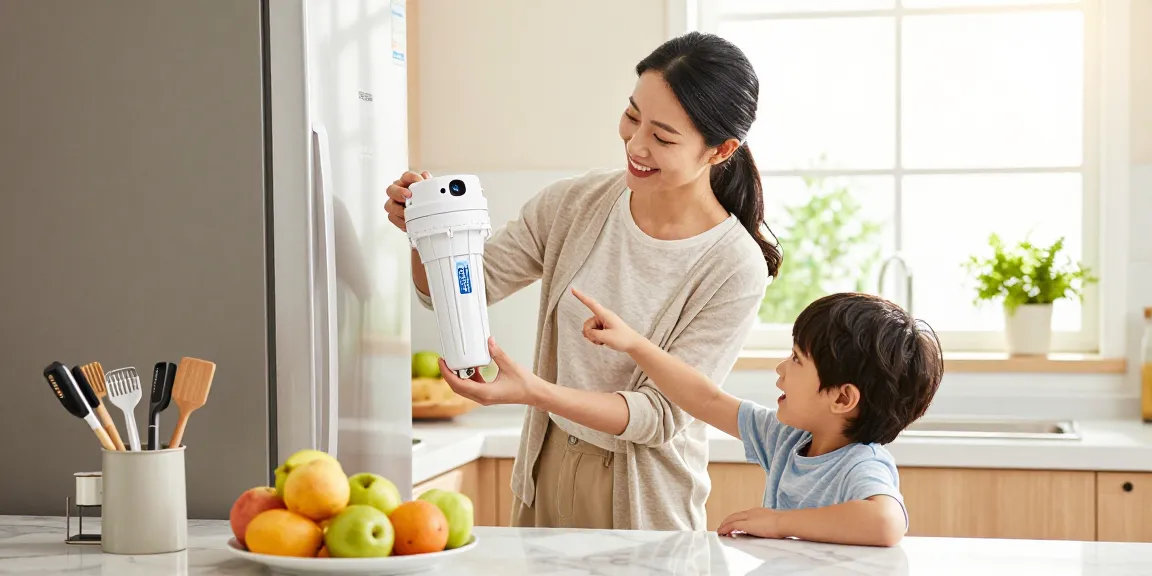 AQUA CREST EDR1RXD1 Replacement for W10295370A being installed by a family in a bright kitchen, showcasing healthy living.
