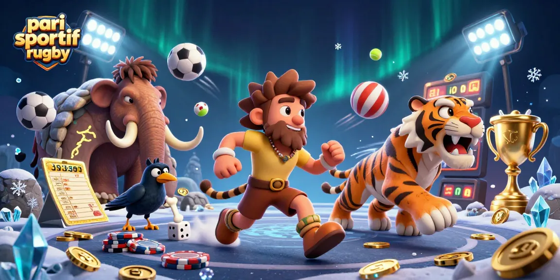 Profitez d'un pari sportif rugby excitant avec des personnages animés créant une ambiance de casino préhistorique.