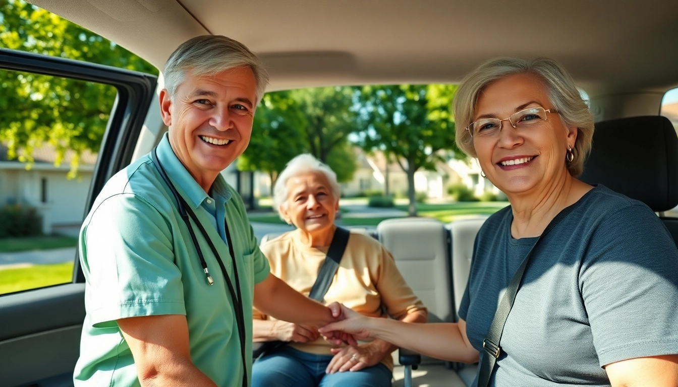 Elderly transportation services with a caregiver assisting an elderly person into a vehicle, emphasizing safety and care.