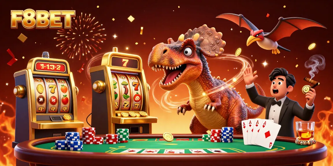 F8BET players headbutt a golden slot machine for a jackpot while a casino manager reacts.