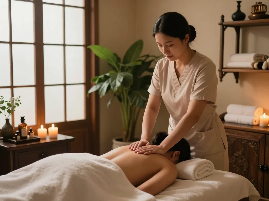 강남마사지 therapy session with a therapist using lavender oil in a tranquil spa setting