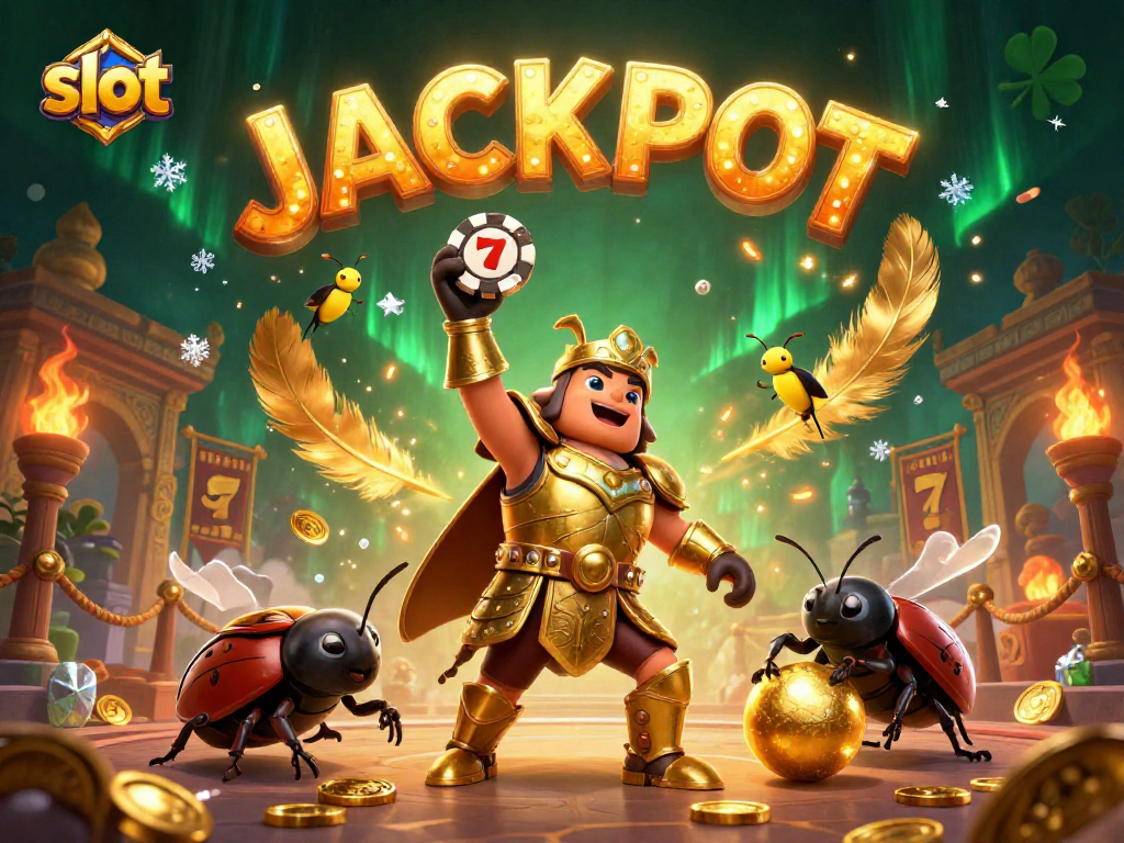 Experience thrilling slot wins with a vibrant 3D illustration featuring beetles, jackpots, and casino elements.