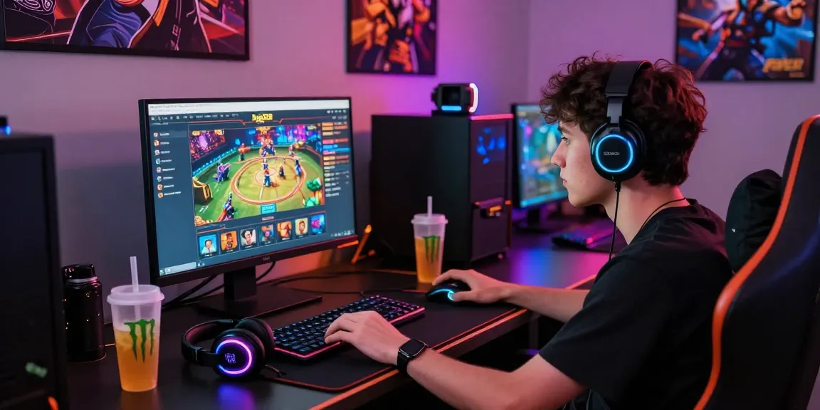 Player engaged on raja328 situs gaming platform illuminated by LED lights.