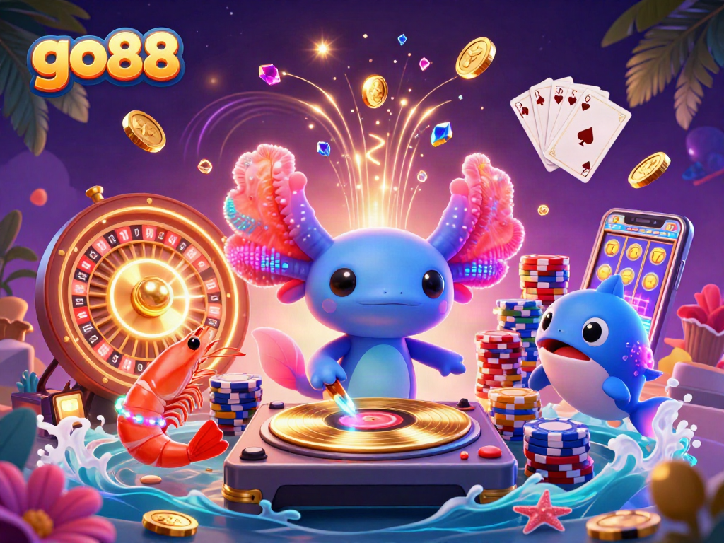 Join the fun at go88 with a vibrant casino scene featuring an axolotl DJ and lively animations.