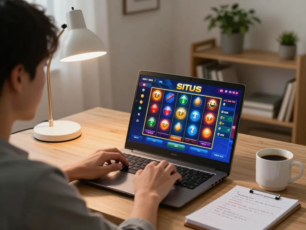 Playing a situs slot game on a laptop in a cozy home setup with notes on betting strategies.