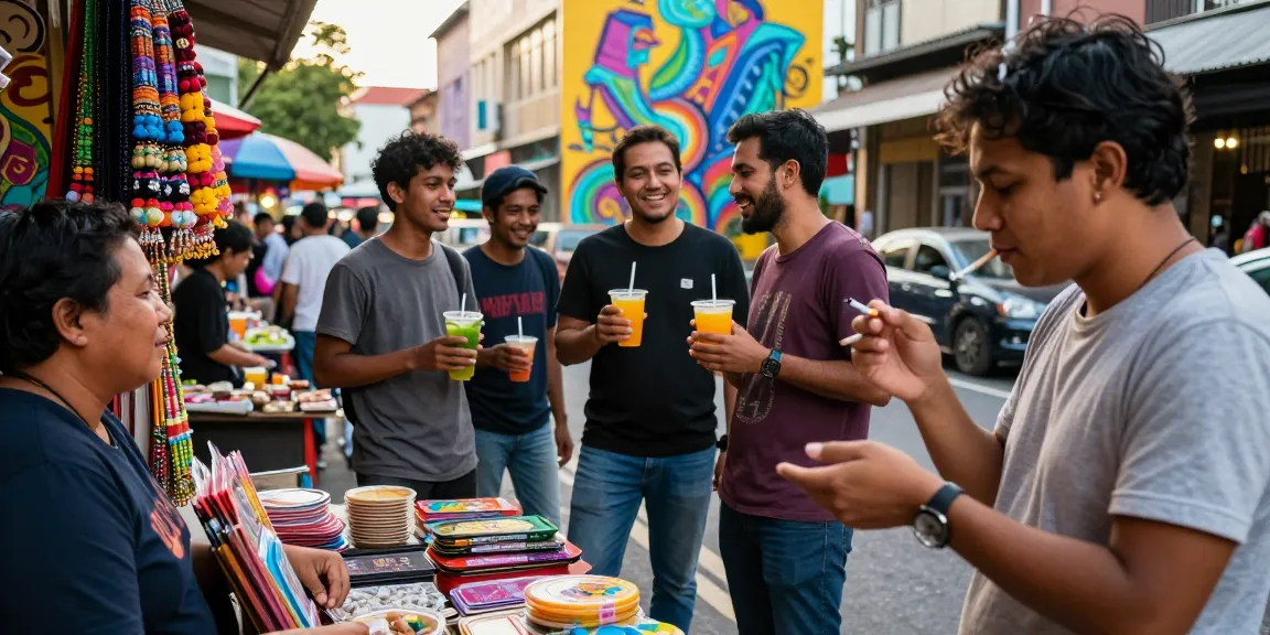 Engaging street market scene with a person smoking rokok 88 amidst vibrant cultural activities.