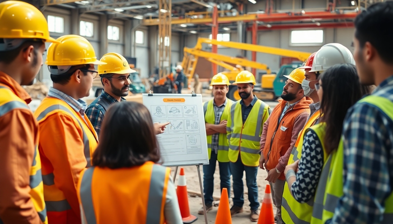 Engaged team learning about construction safety programs during a safety training session on-site.