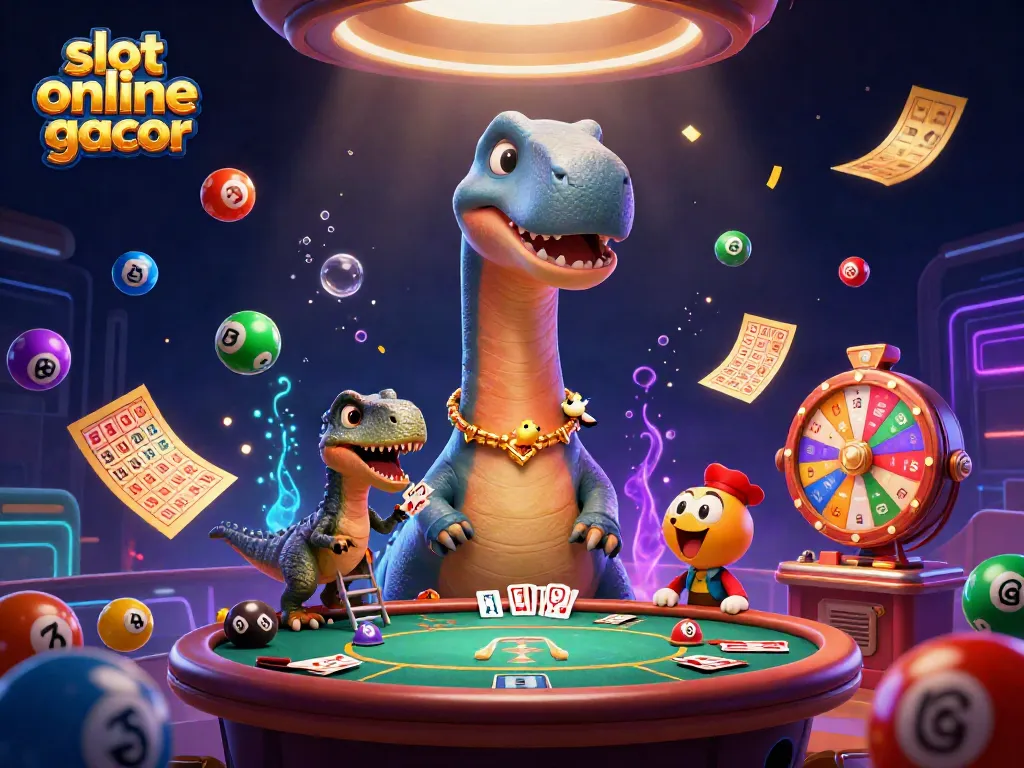 Engage in slot online gacor with a playful brontosaurus and clever raptor at a bustling casino scene.