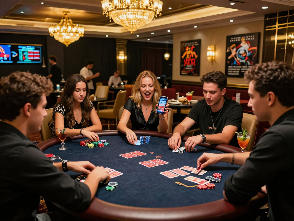 Exciting scene in credit card casinos with friends gathered at a poker table, showcasing an upscale gaming atmosphere.