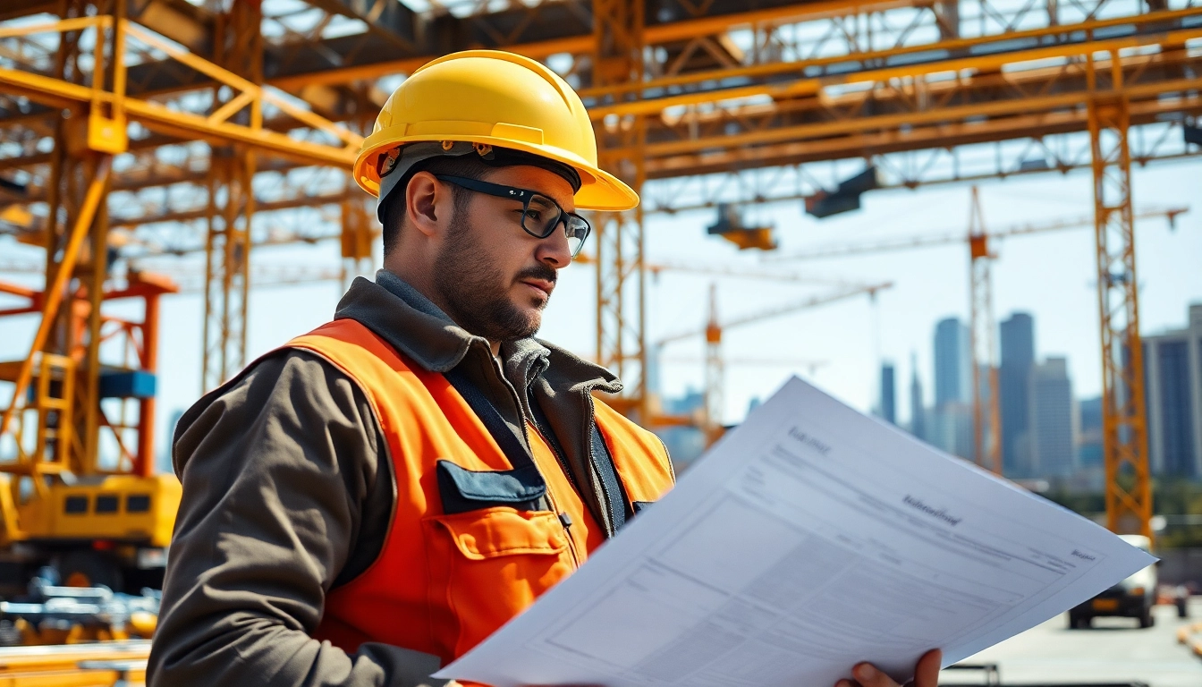 Construction career professional reviewing blueprints on an active job site.